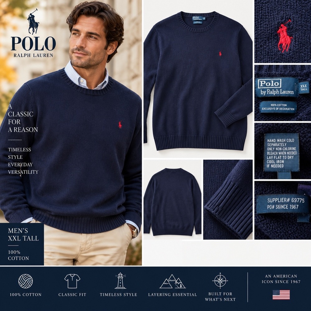 Polo Ralph Lauren Sweater Mens XLT Tall Navy Blue Cotton Crewneck Red Pony